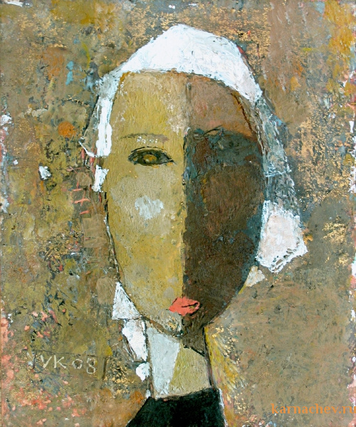 Девочка в косынке  ватман, масло. 17 х 14  - 2008 г.      (Продано).