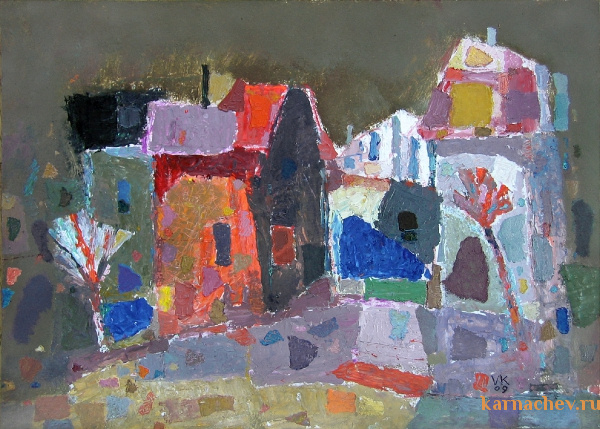 Пейзаж с красным домом.  ватмаан, масло. 30 х 42  - 2009 г.   (Продано).