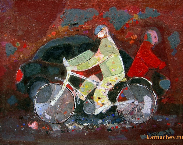 Человек на велосипеде  х.м. 30 х 39,5  - 2004 г.